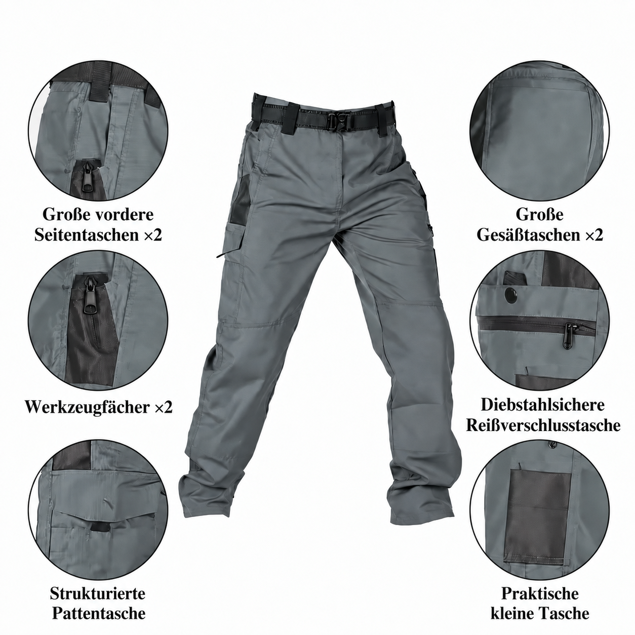 Taschenanordnung und Stauraumdetails der taktischen Hose ohne Markenkennzeichnung
