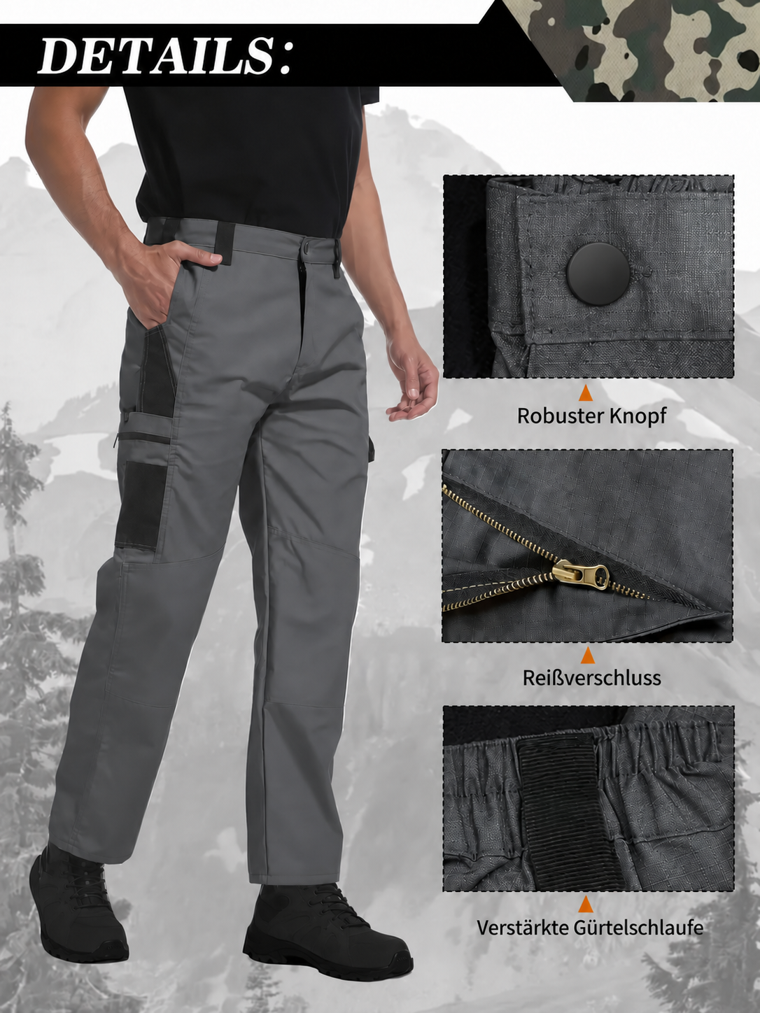 Details zu Knopf, Rei&szlig;verschluss und G&uuml;rtelschlaufen der taktischen Hose ohne Markenkennzeichnung