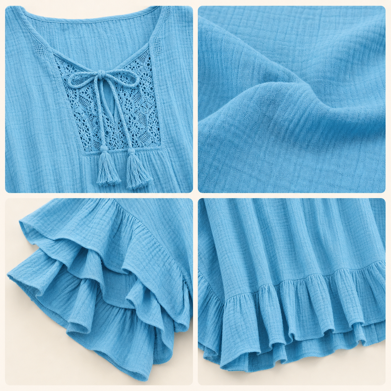 Lace inset tassel tie ruffle sleeve crinkle texture and ruffle hem details