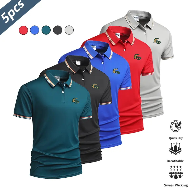 Men’s 5-pack alligator print polo shirts—lightweight, quick-drying, breathable summer short-sleeve collared T-shirts for business casual wear. Suitable for commuting, everyday wear, and light business outfits; pairs well with dress pants and casual trouse