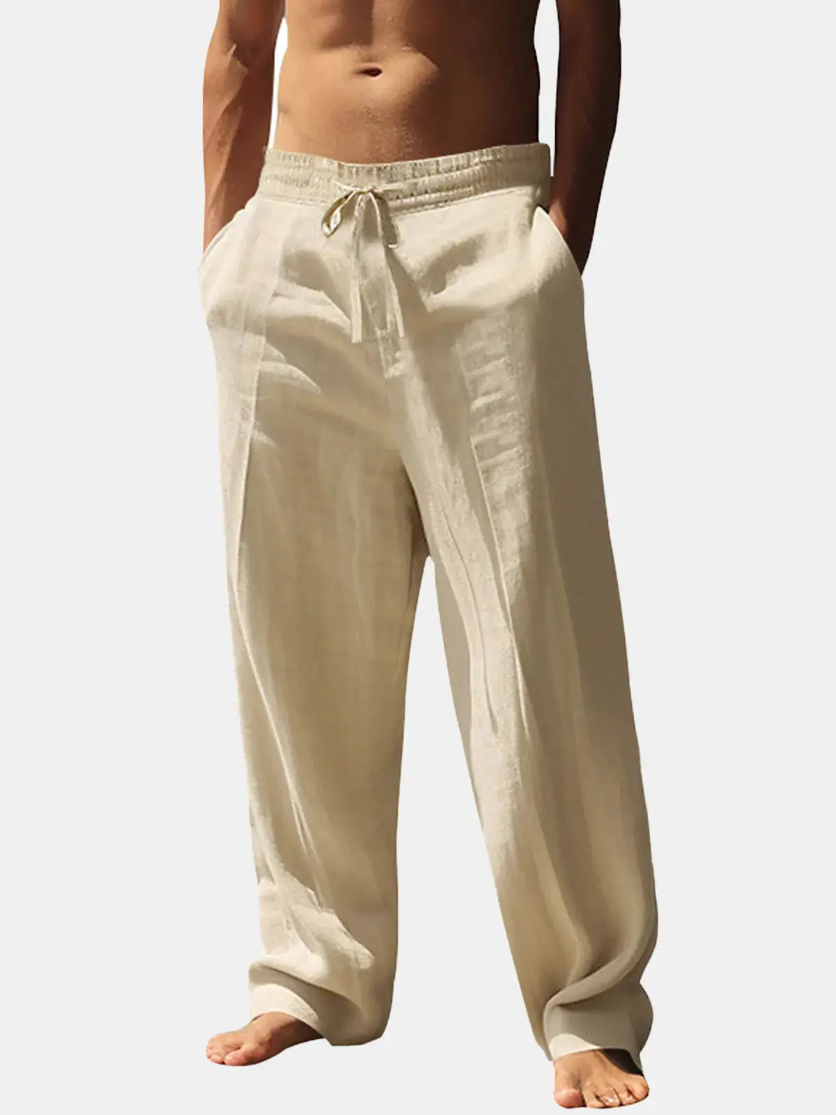 Men's Lightweight Linen Blend Drawstring Pants – Casual Loose Fit Breathable Beach Trousers with Pockets