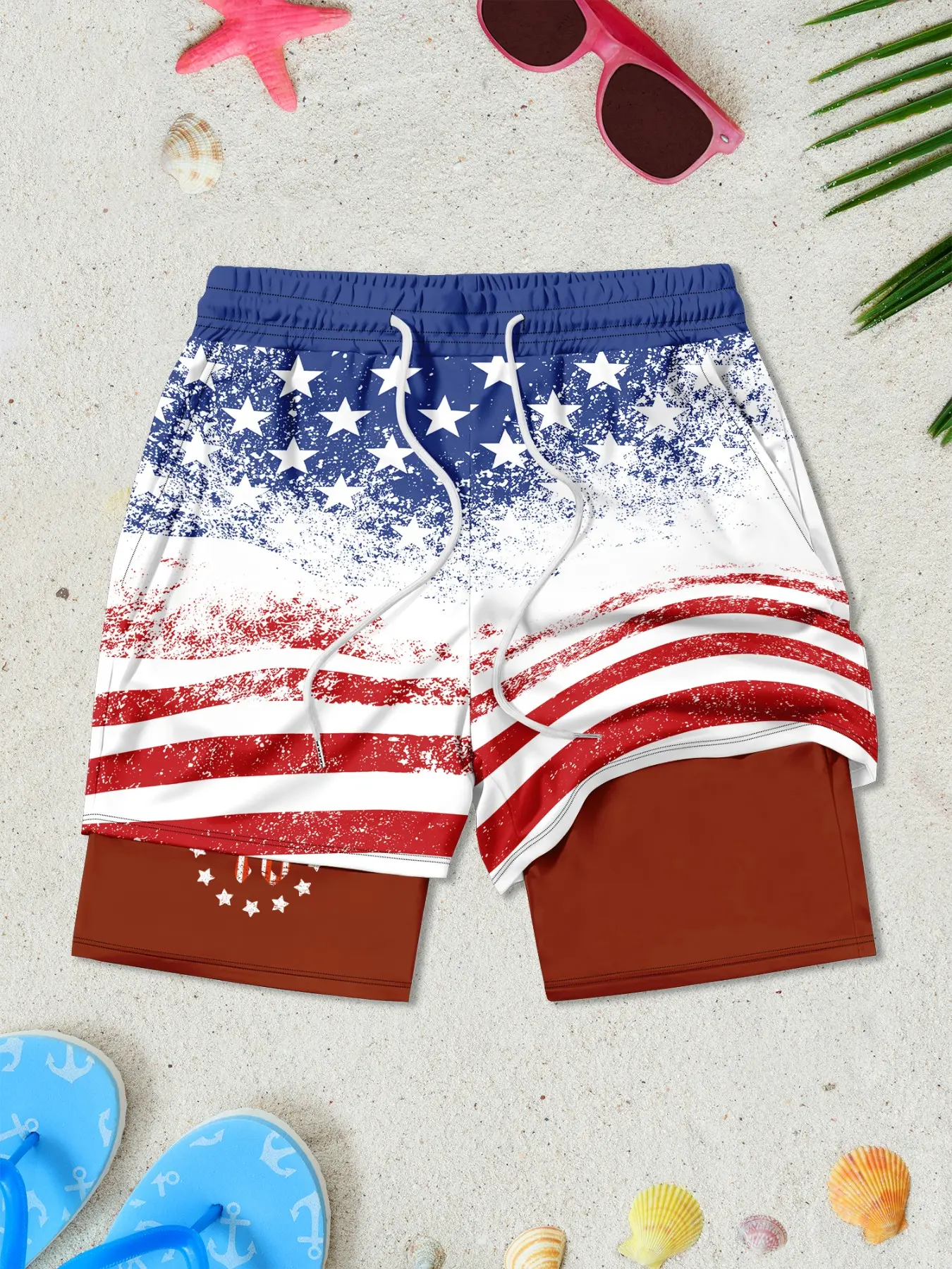 🇺🇸 Men's American Flag 2-in-1 Compression Swim Trunks | Quick Dry Beach Shorts with Liner