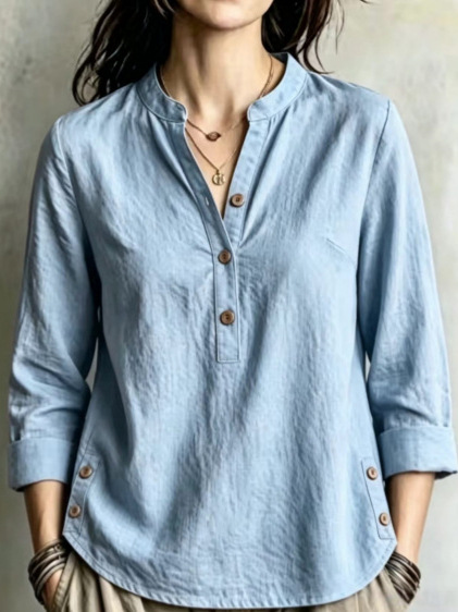 Women's washed cotton linen band collar blouse