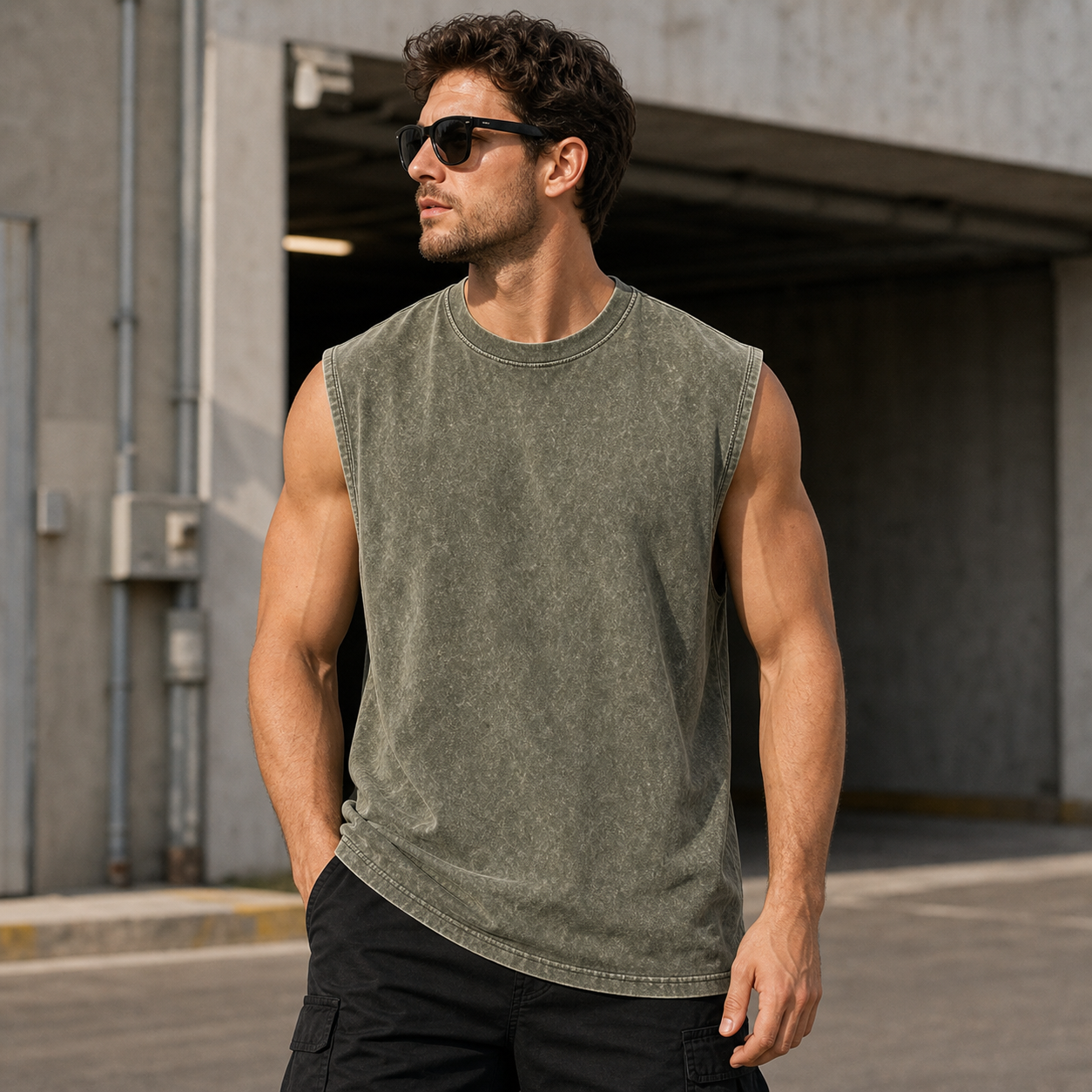 Dusty olive vintage acid-wash sleeveless tank