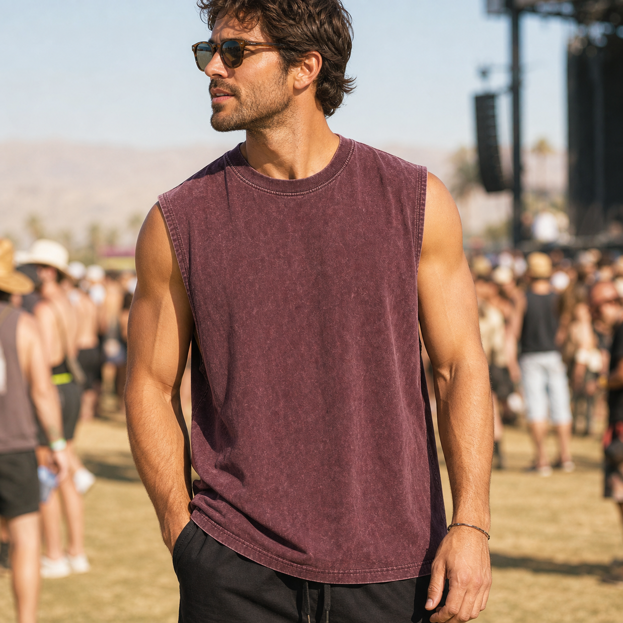 Washed burgundy vintage acid-wash sleeveless tank