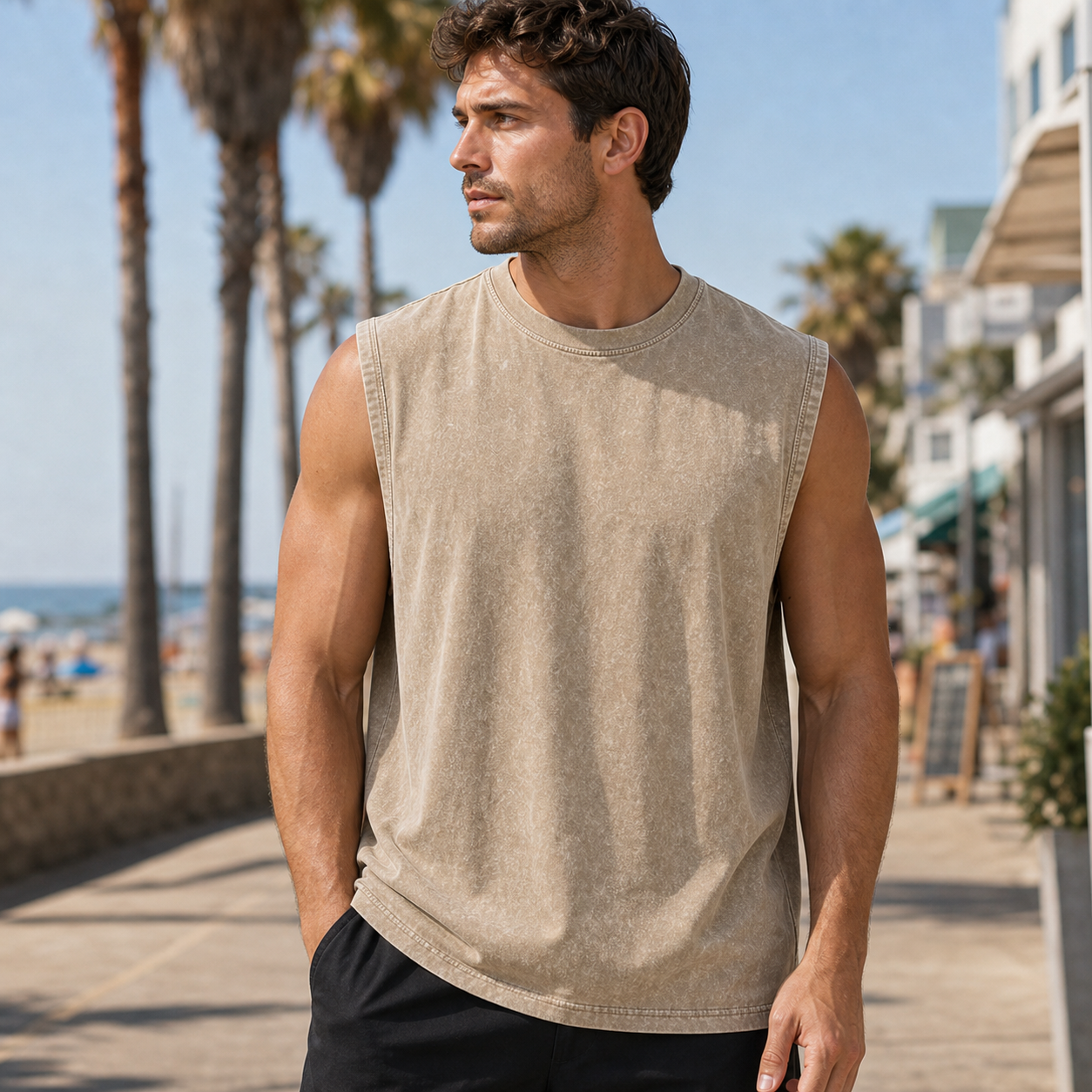 Sand khaki vintage acid-wash sleeveless tank