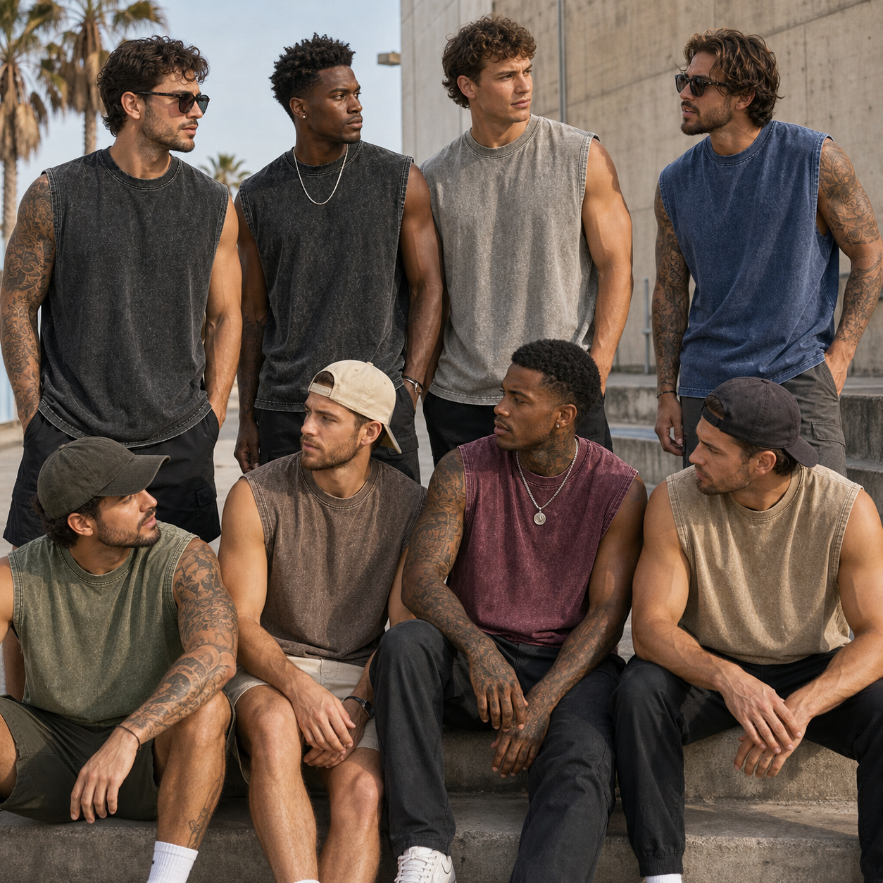Group lifestyle image of men's vintage acid-wash sleeveless tanks