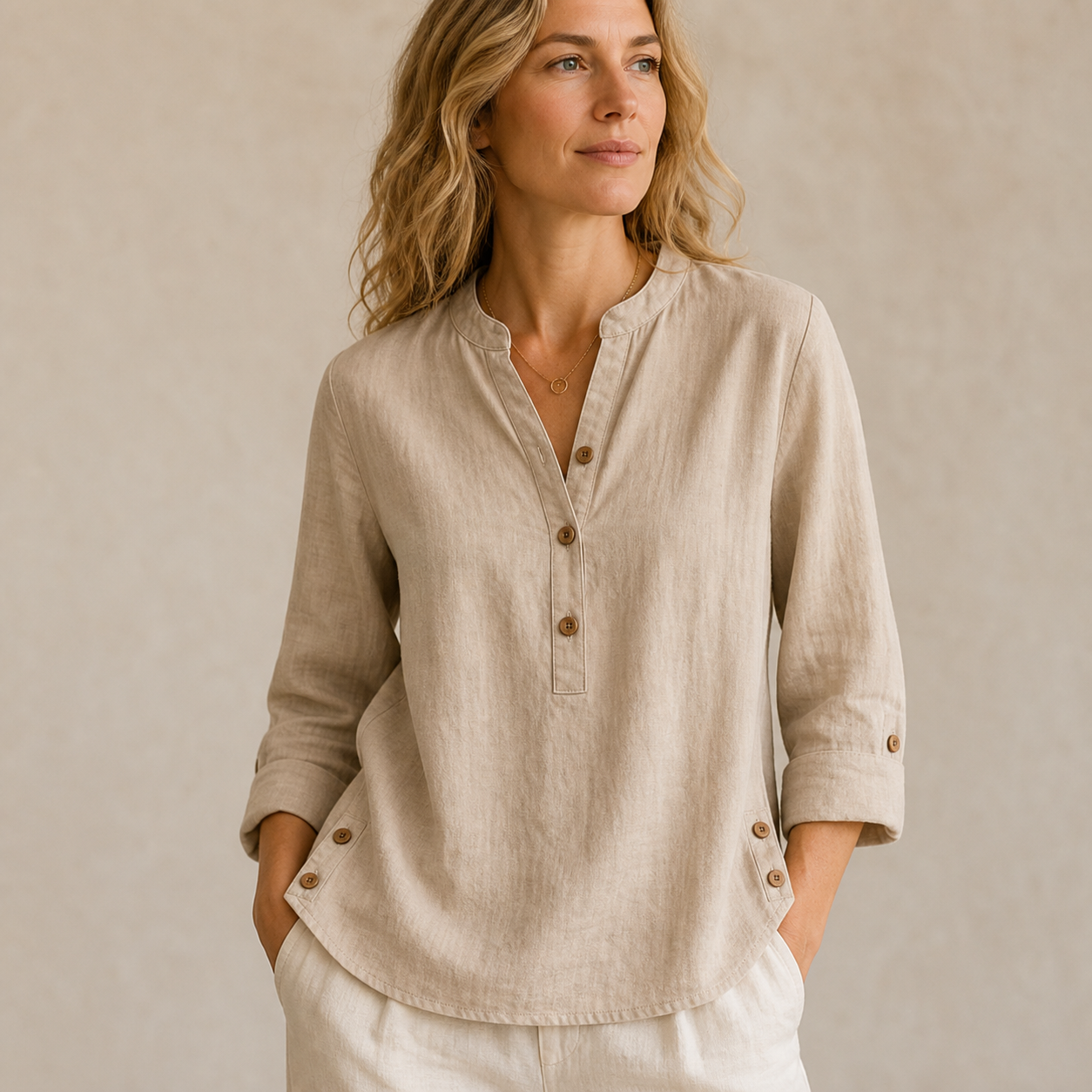 Beige women's washed cotton linen band collar blouse