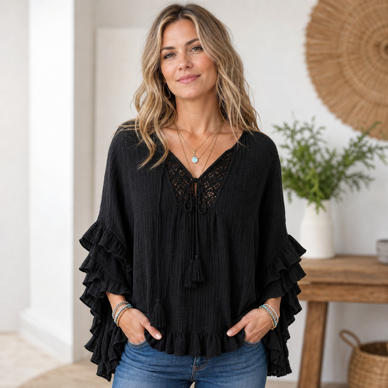 Black women's boho ruffle lace tie neck blouse