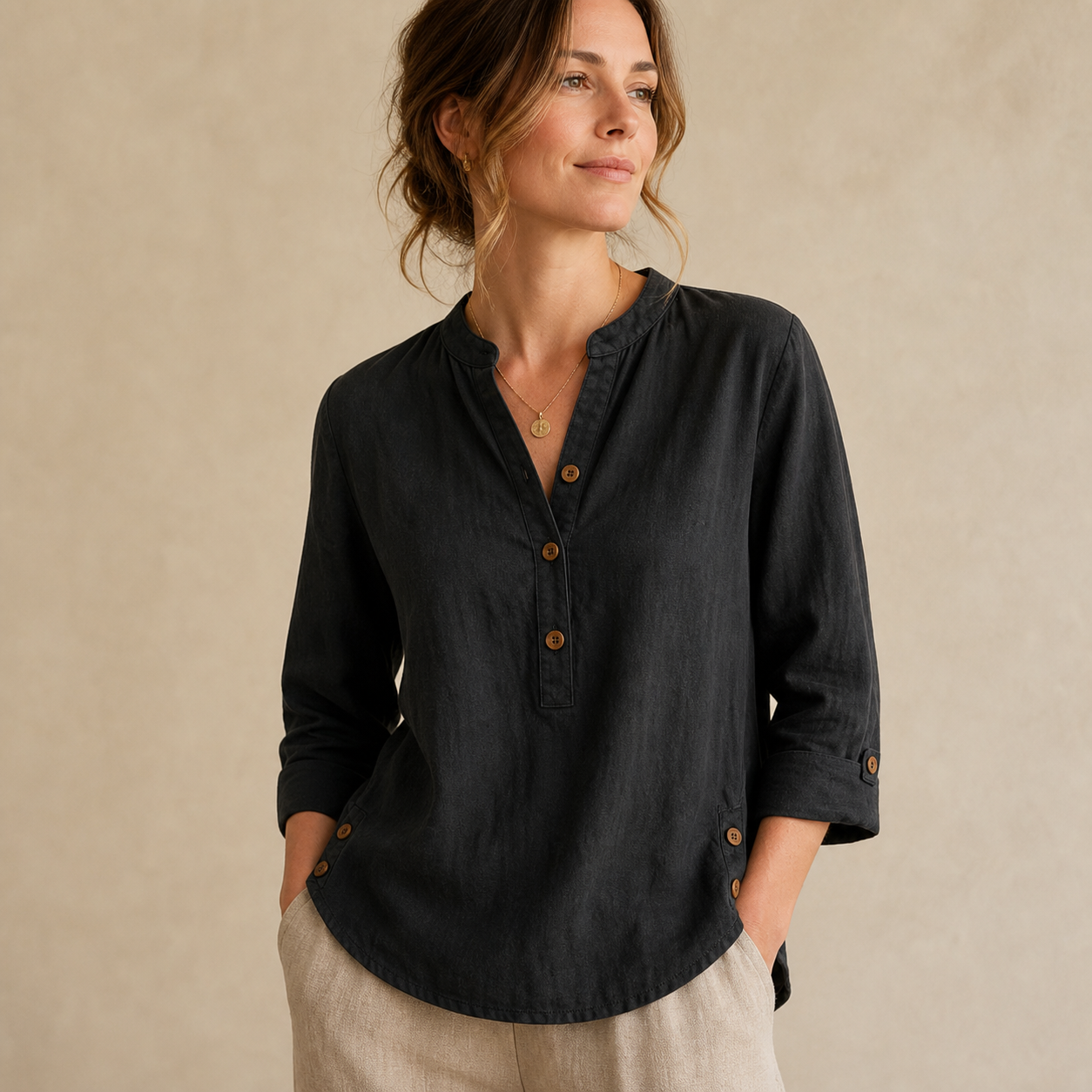 Black women's washed cotton linen band collar blouse