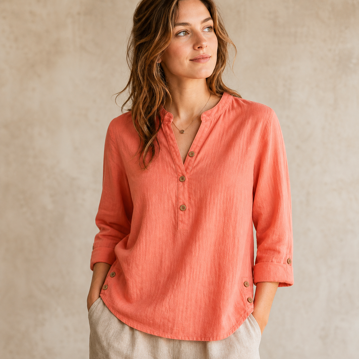 Coral women's washed cotton linen band collar blouse