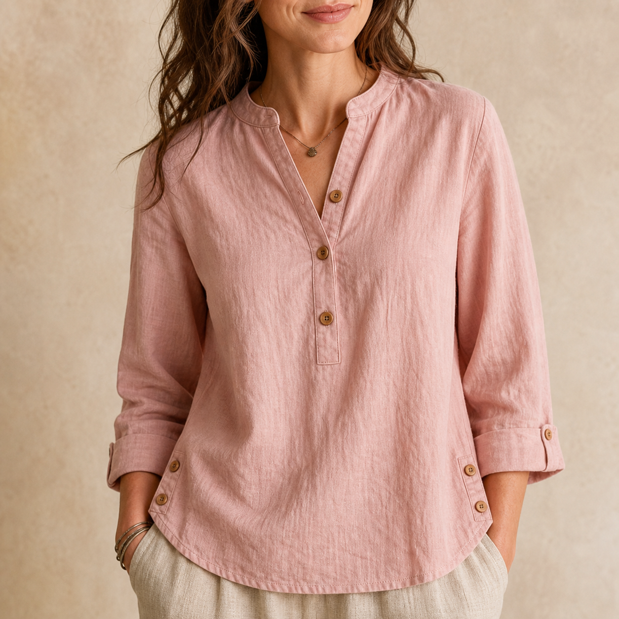 Dusty Pink women's washed cotton linen band collar blouse