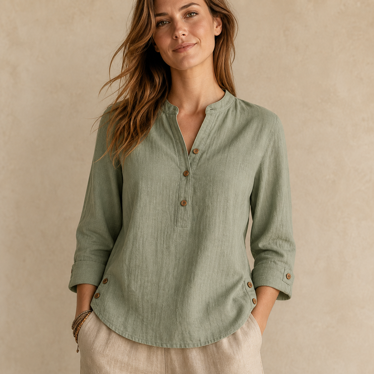 Sage Green women's washed cotton linen band collar blouse