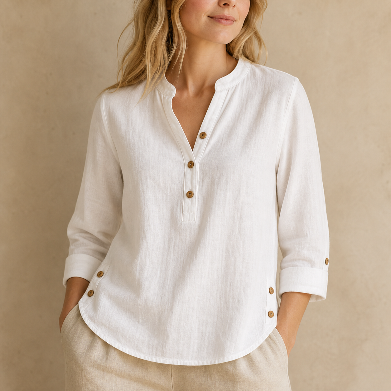 White women's washed cotton linen band collar blouse