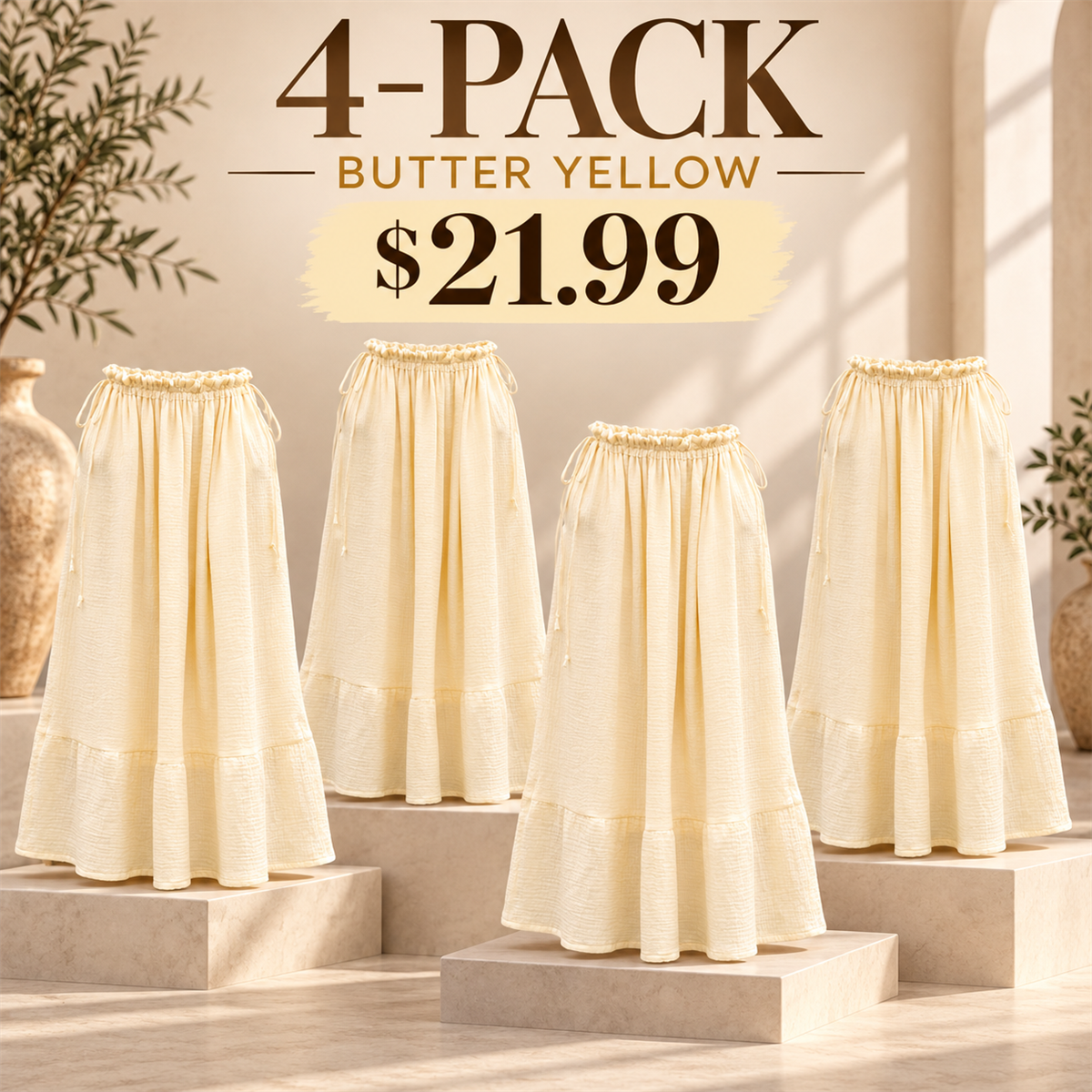 4-Pack - Butter Yellow Women's Soleil Organic Cotton Gauze Maxi Skirt Multipacks