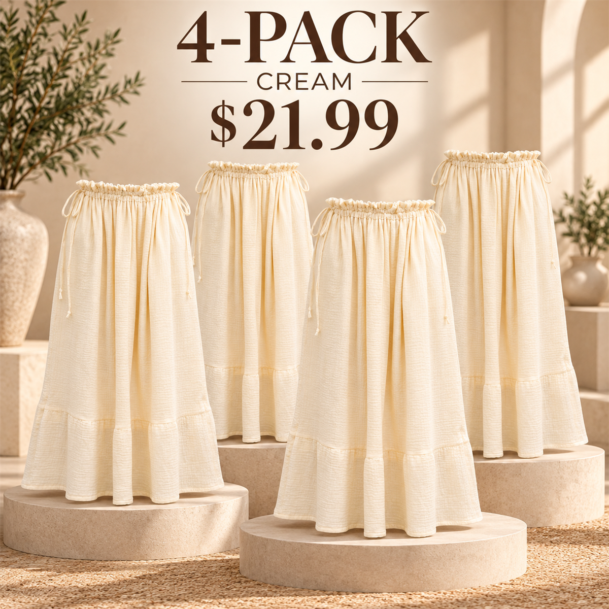 4-Pack - Cream Women's Soleil Organic Cotton Gauze Maxi Skirt Multipacks