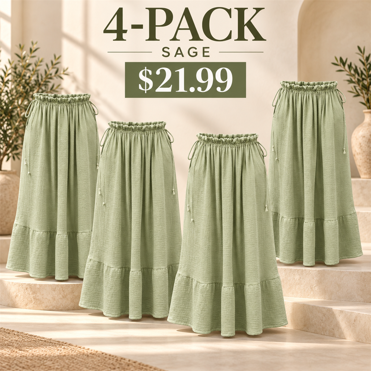 4-Pack - Sage Women's Soleil Organic Cotton Gauze Maxi Skirt Multipacks