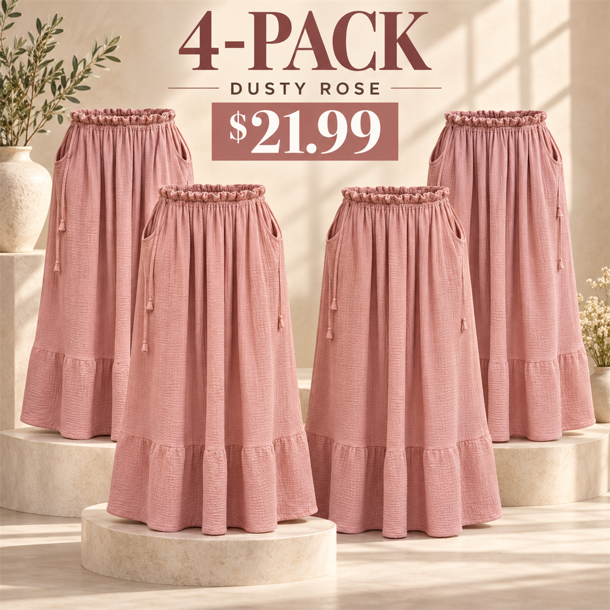 4-Pack - Dusty Rose Women's Soleil Organic Cotton Gauze Maxi Skirt Multipacks
