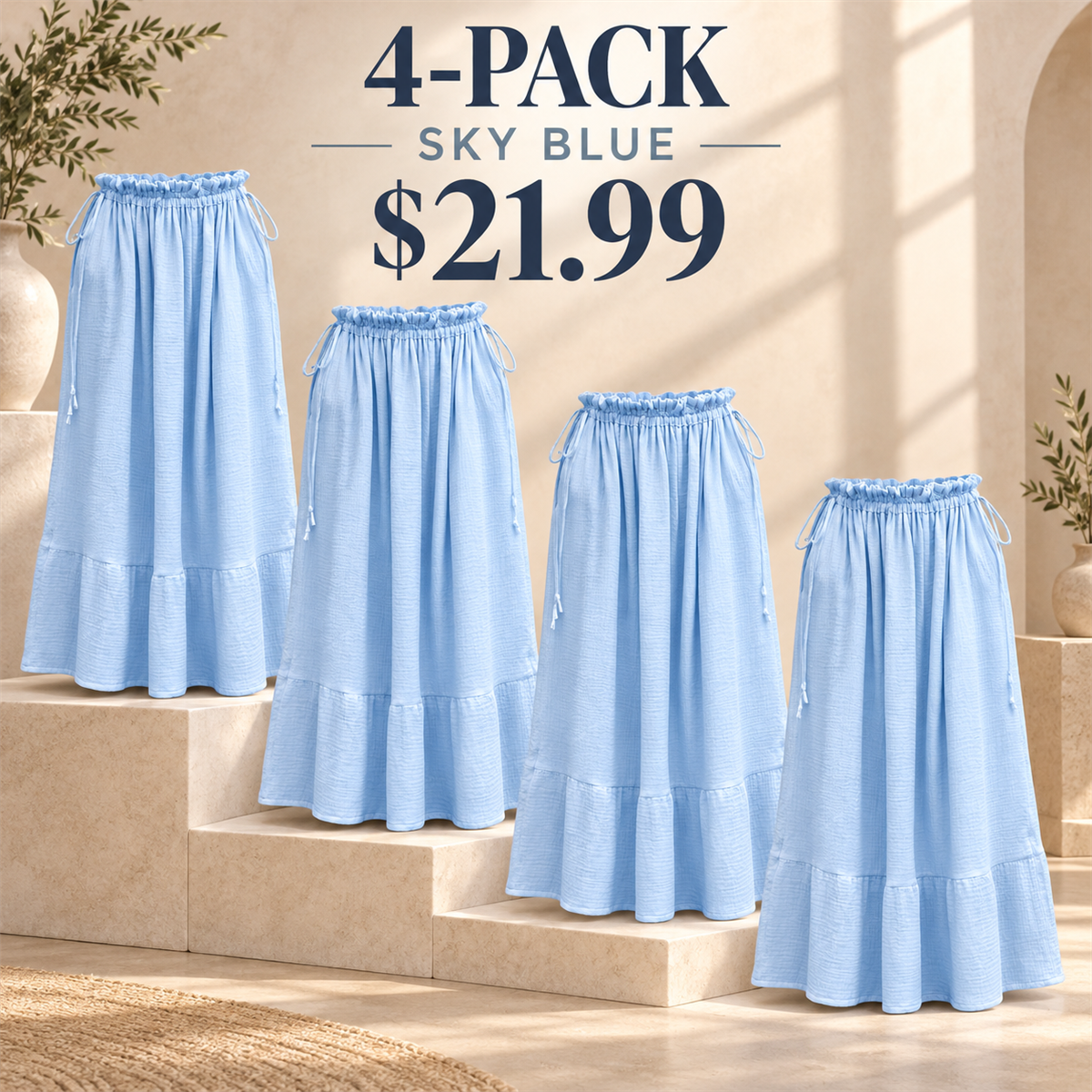 4-Pack - Sky Blue Women's Soleil Organic Cotton Gauze Maxi Skirt Multipacks