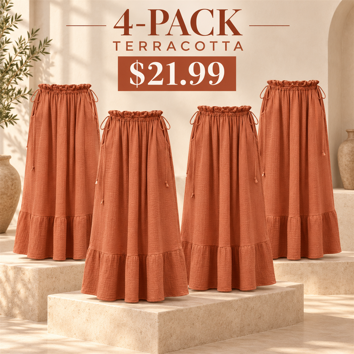 4-Pack - Terracotta Women's Soleil Organic Cotton Gauze Maxi Skirt Multipacks