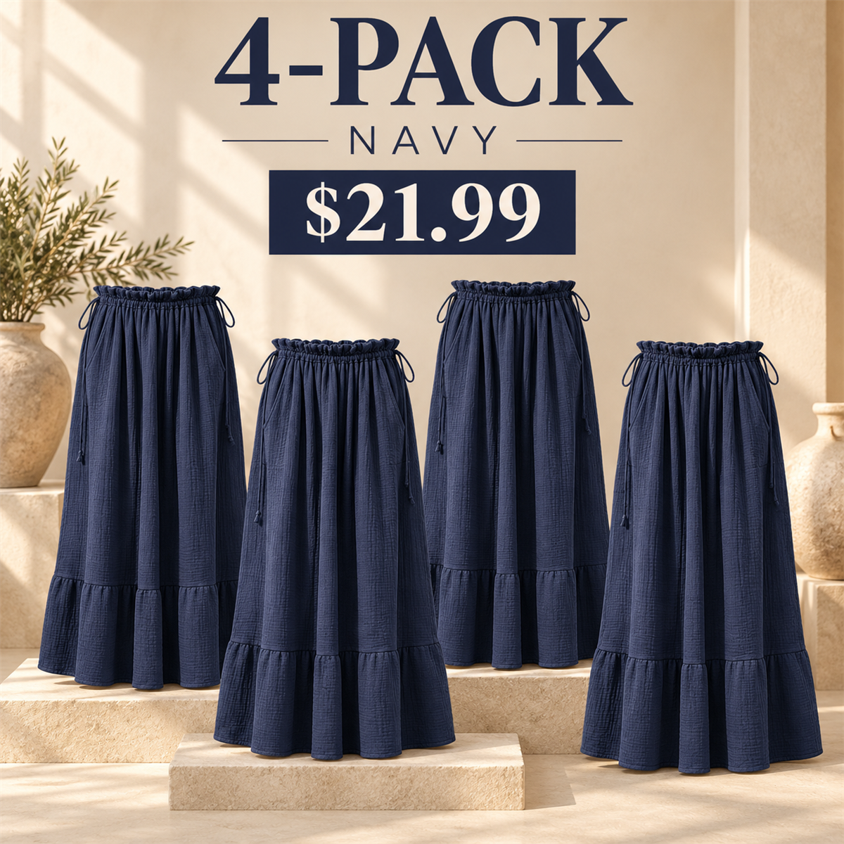 4-Pack - Navy Women's Soleil Organic Cotton Gauze Maxi Skirt Multipacks