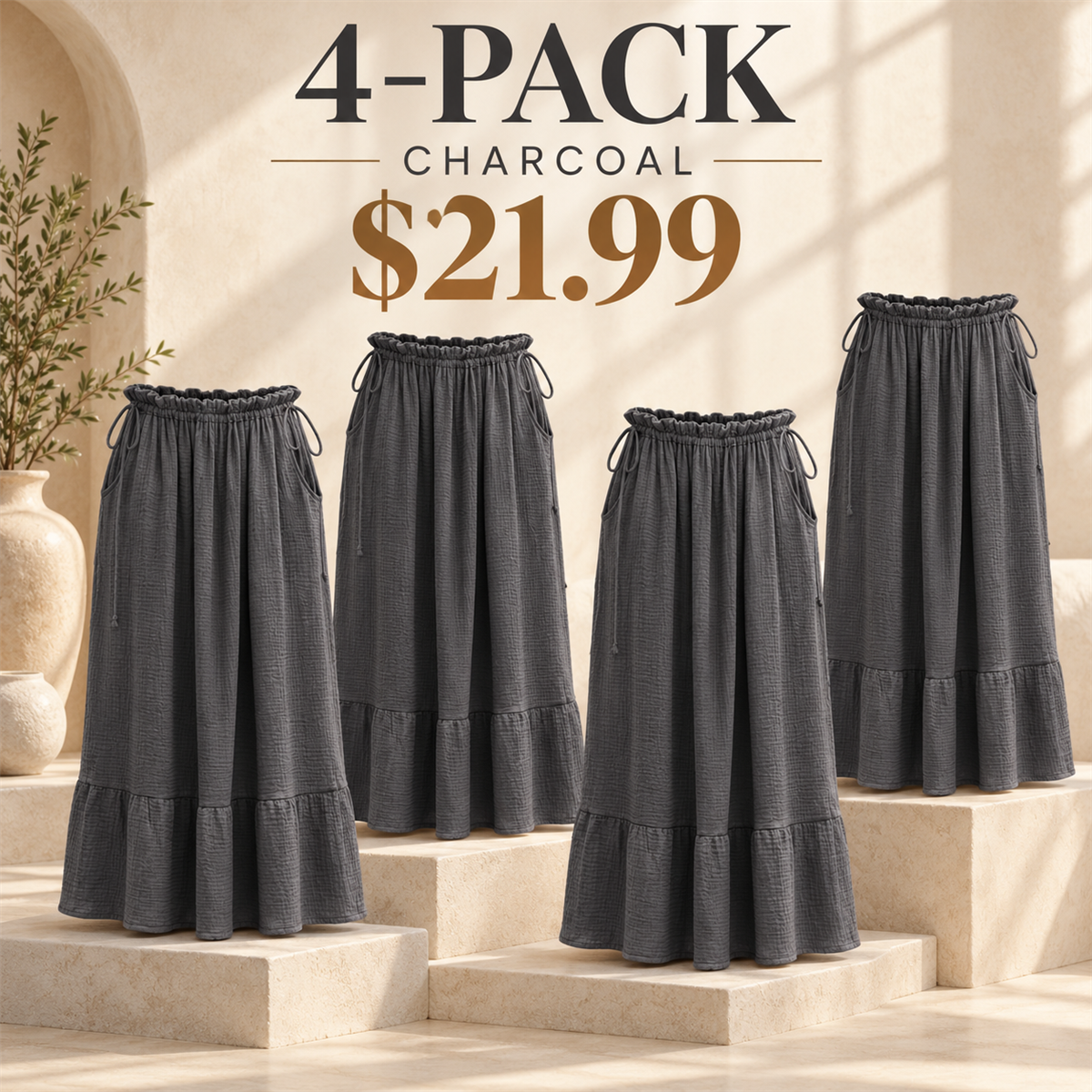 4-Pack - Charcoal Women's Soleil Organic Cotton Gauze Maxi Skirt Multipacks