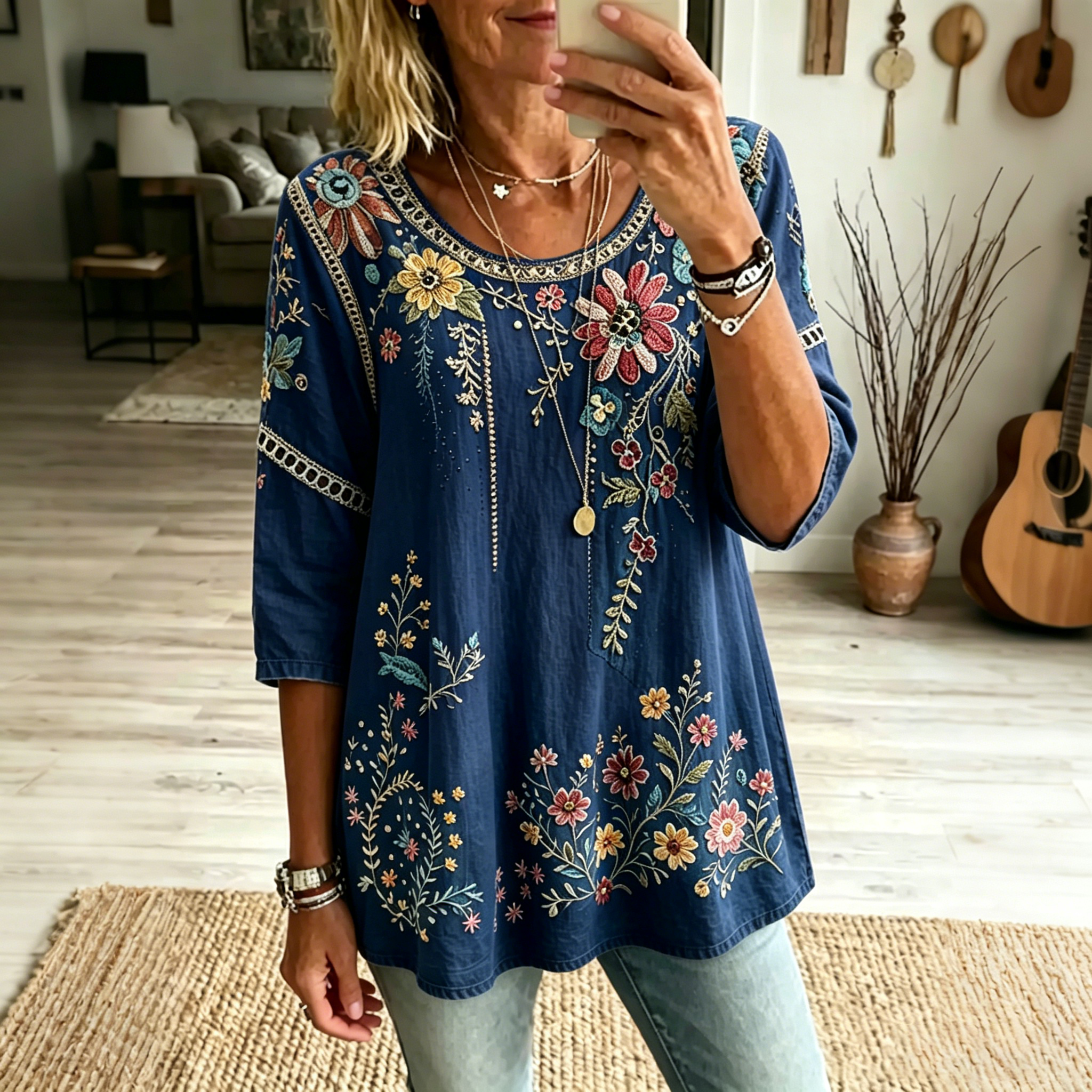 Women's Retro Floral Vacation Cotton Linen Top