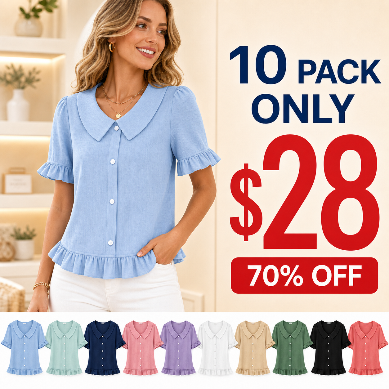 10 pack only 28 dollars women's ruffle collar button blouse