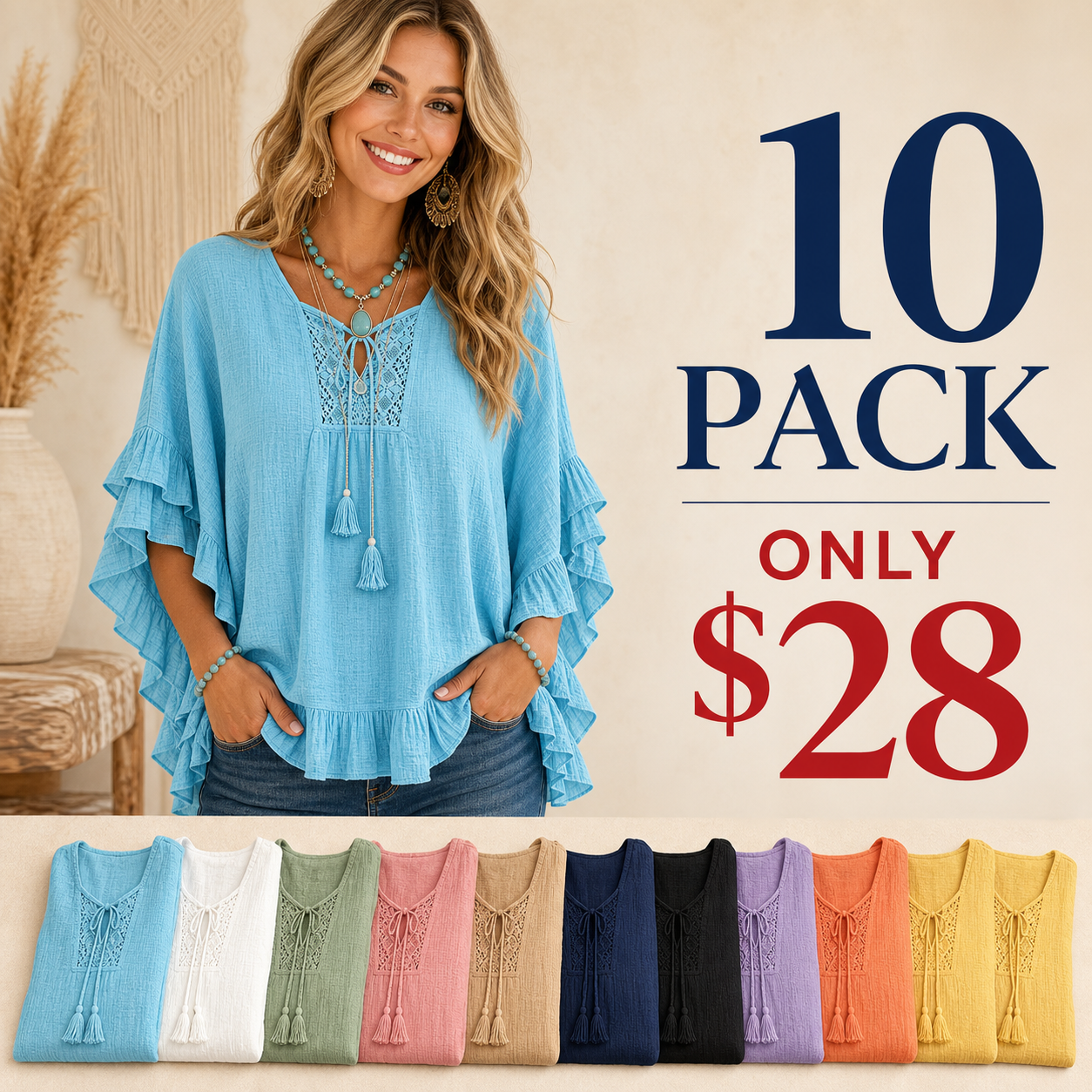 10 pack only 28 dollars women's boho ruffle lace tie neck blouse