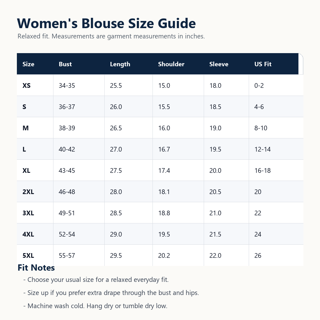 Women's washed cotton linen band collar blouse size chart
