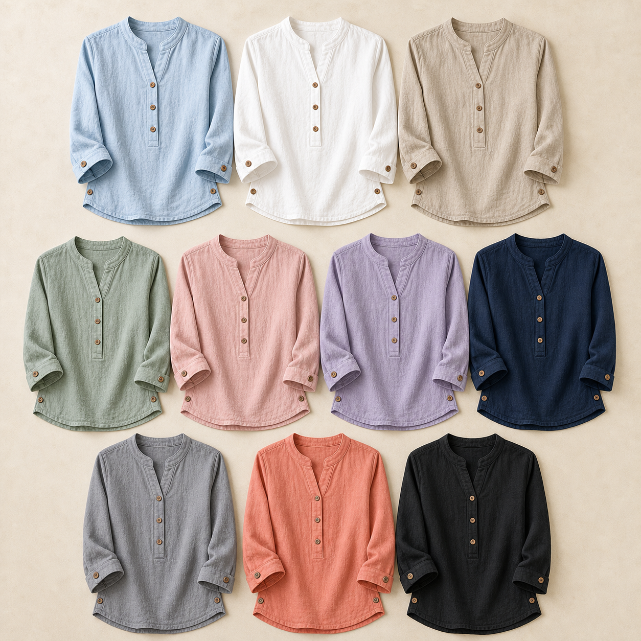 Ten color lineup women's washed cotton linen band collar blouse