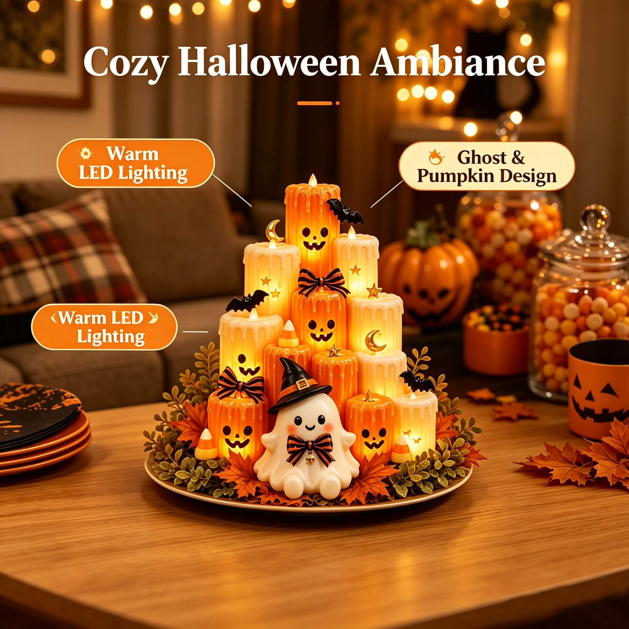 Cozy Autumn PumpkinCandle Tower I Led FlamelessHoliday Decor