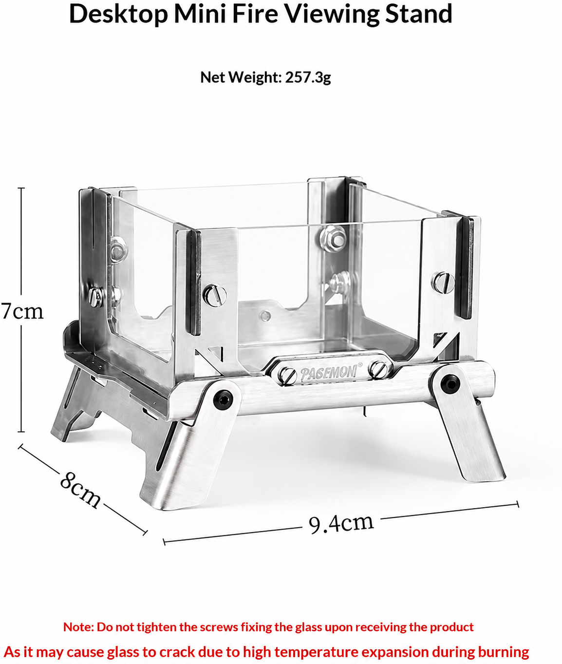 Mini Desktop Fire Viewing Stand, Portable Foldable Stainless Steel Small Stove (3.7×3.1×2.8 Inches, 0.57 Lbs), Compact Outdoor Camping Fire Pit with Glass Panels for Tabletop, Camping & Fire Watching