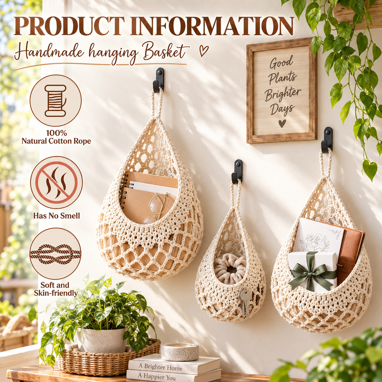 Boho-style handmade double-layer hanging basket + three-piece mesh net set
