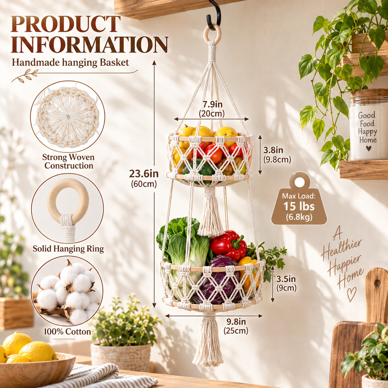 Boho-style handmade double-layer hanging basket + three-piece mesh net set