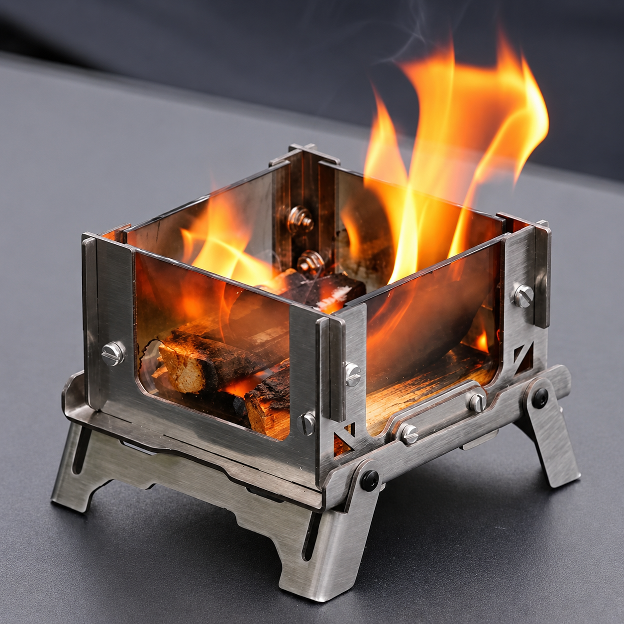Mini Desktop Fire Viewing Stand, Portable Foldable Stainless Steel Small Stove (3.7×3.1×2.8 Inches, 0.57 Lbs), Compact Outdoor Camping Fire Pit with Glass Panels for Tabletop, Camping & Fire Watching