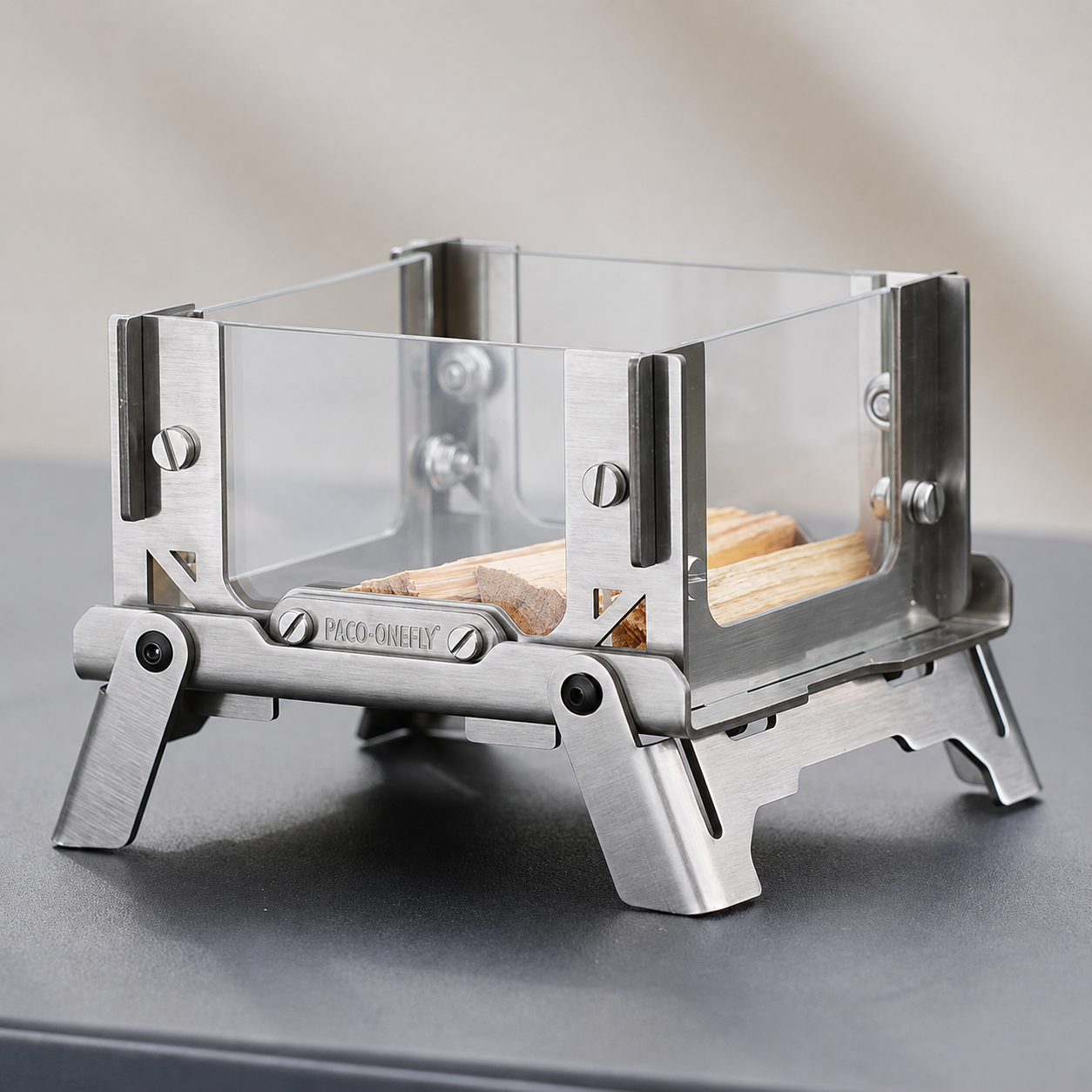 Mini Desktop Fire Viewing Stand, Portable Foldable Stainless Steel Small Stove (3.7×3.1×2.8 Inches, 0.57 Lbs), Compact Outdoor Camping Fire Pit with Glass Panels for Tabletop, Camping & Fire Watching