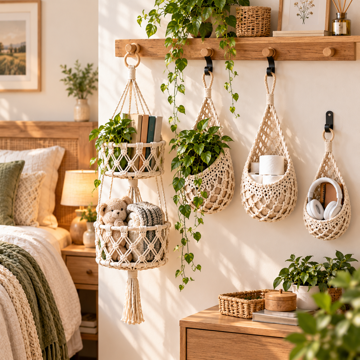 Boho-style handmade double-layer hanging basket + three-piece mesh net set