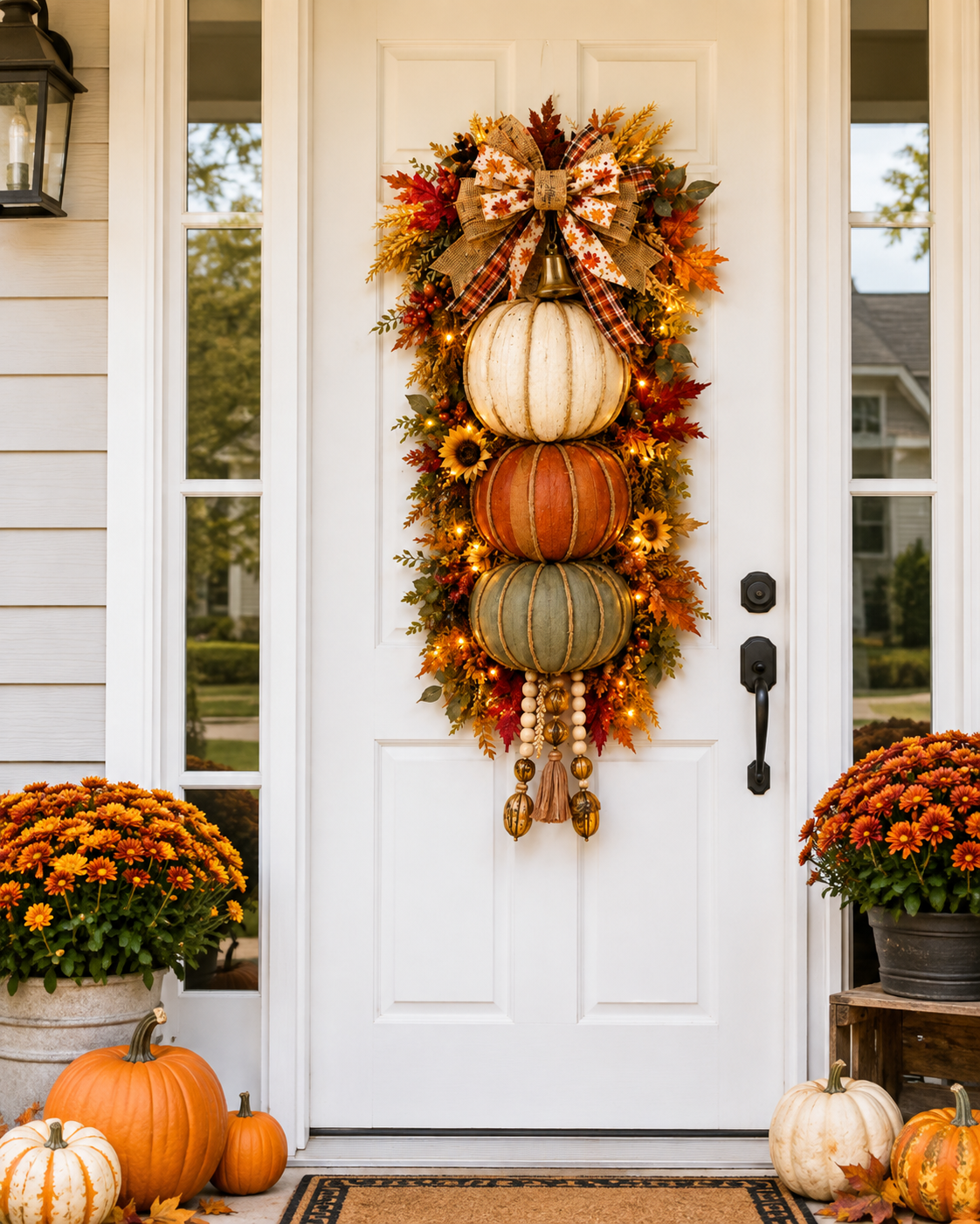 Lighted StackedPumpkin Fall Door Decorwith 3 Seasonal Plaques