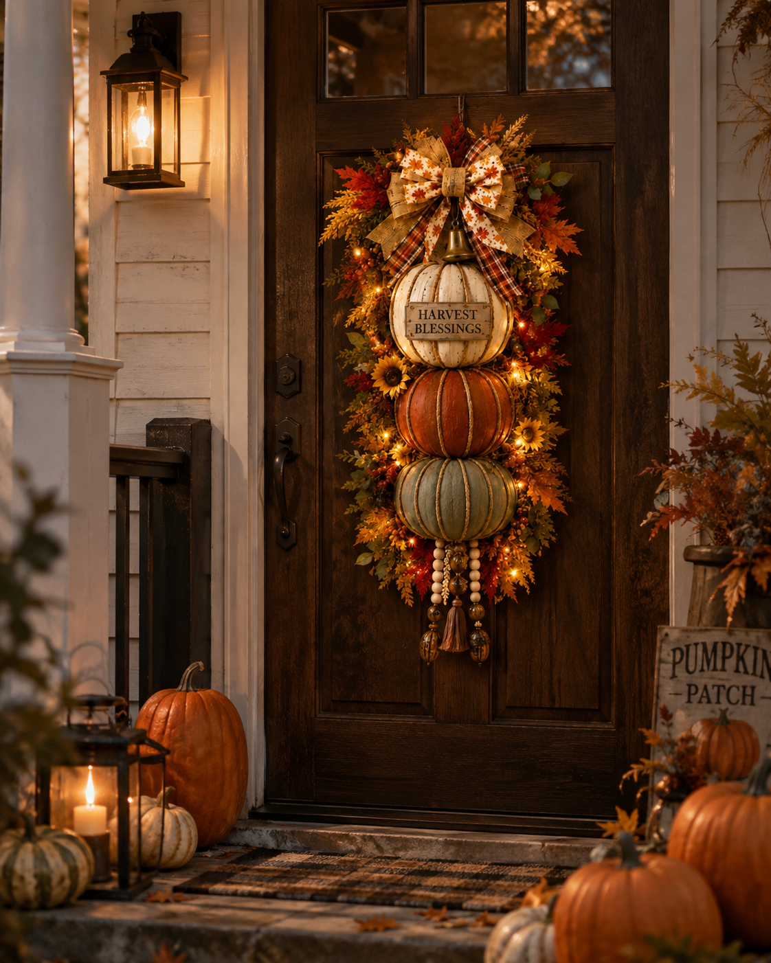 Lighted StackedPumpkin Fall Door Decorwith 3 Seasonal Plaques