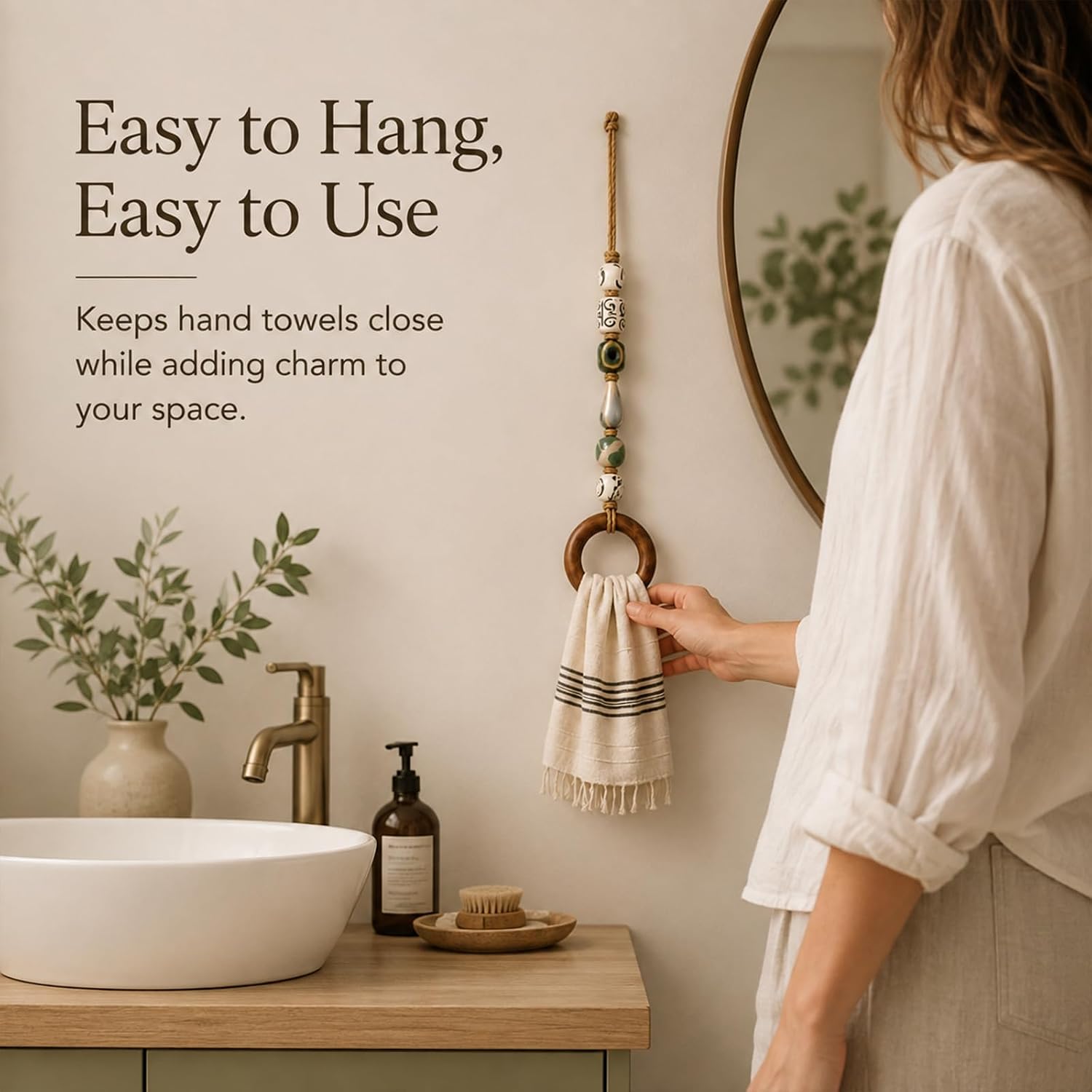 decorative beaded towel hanger with wooden ring