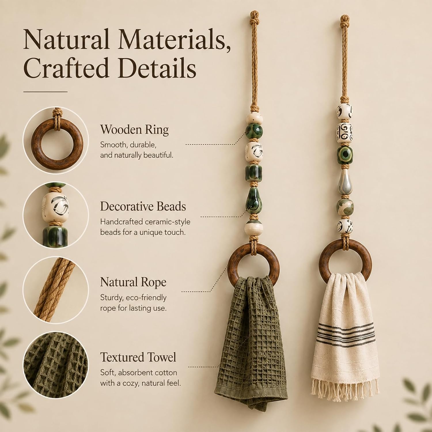 decorative beaded towel hanger with wooden ring