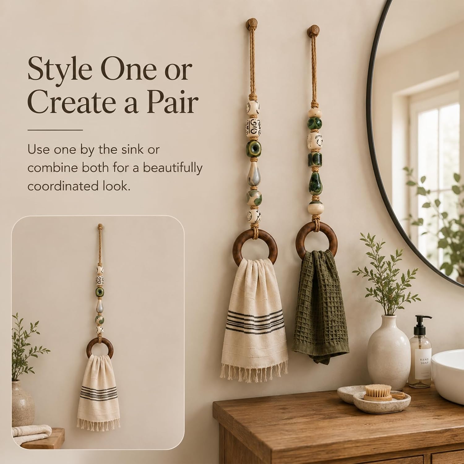 decorative beaded towel hanger with wooden ring