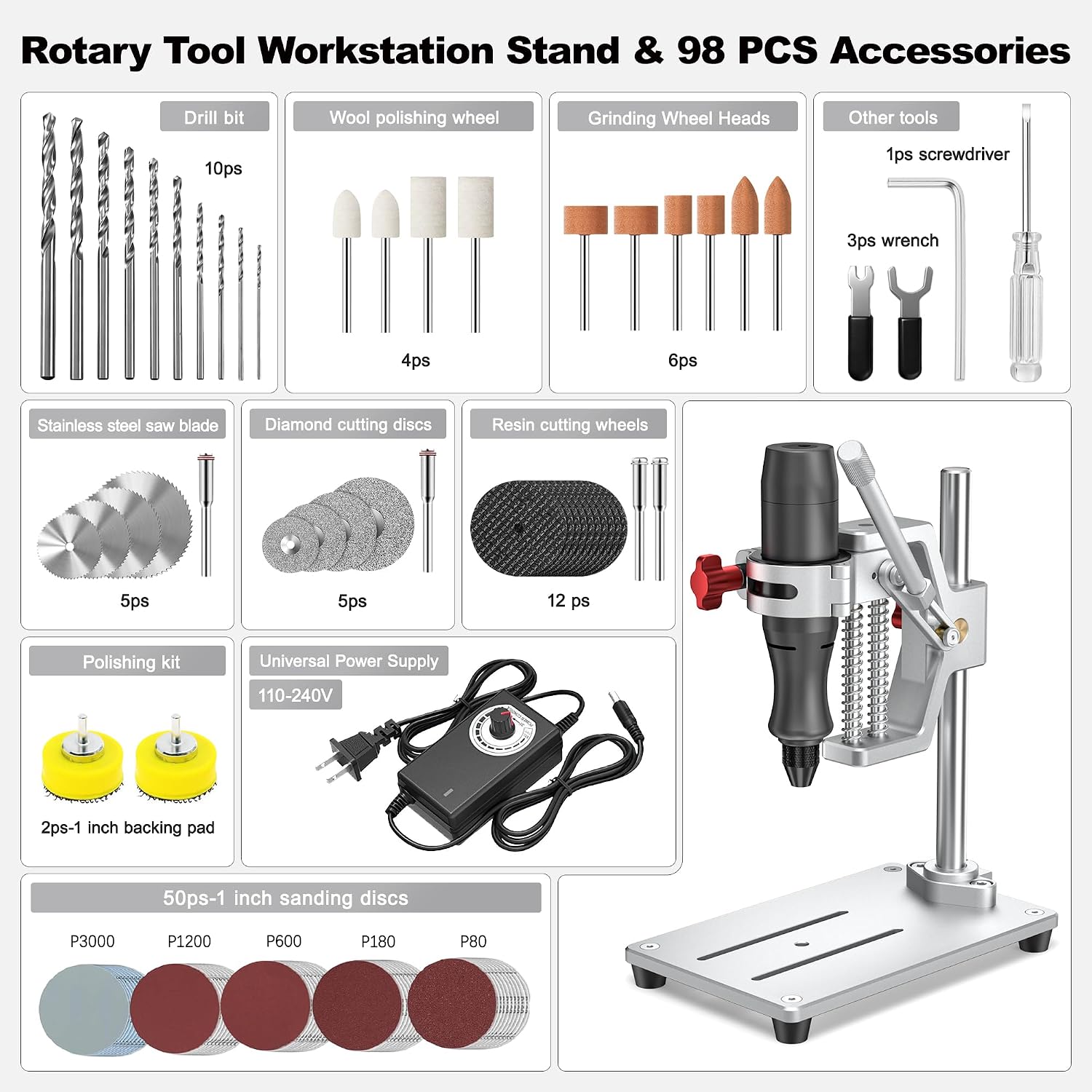 Mini Rotary Tool whit Drill Press - Rotary Tool Workstation Stand - Mini Portable Press & Tool Holder, 3-24V Regulated Power with 98 Accessories-Sanding, Polishing, Drilling, Bottle Neck Cutting & DIY