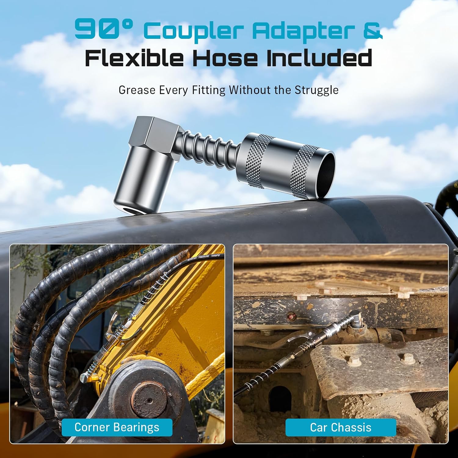 Seesii Upgraded 8000PSI Grease Gun Kit: Heavy Duty Pistol Grip Grease Gun with 14oz Capacity, Quick-Release Coupler, 90°Adapter, Flexible Hose, Rigid Pipe for Automotive, Agricultural, Industrial