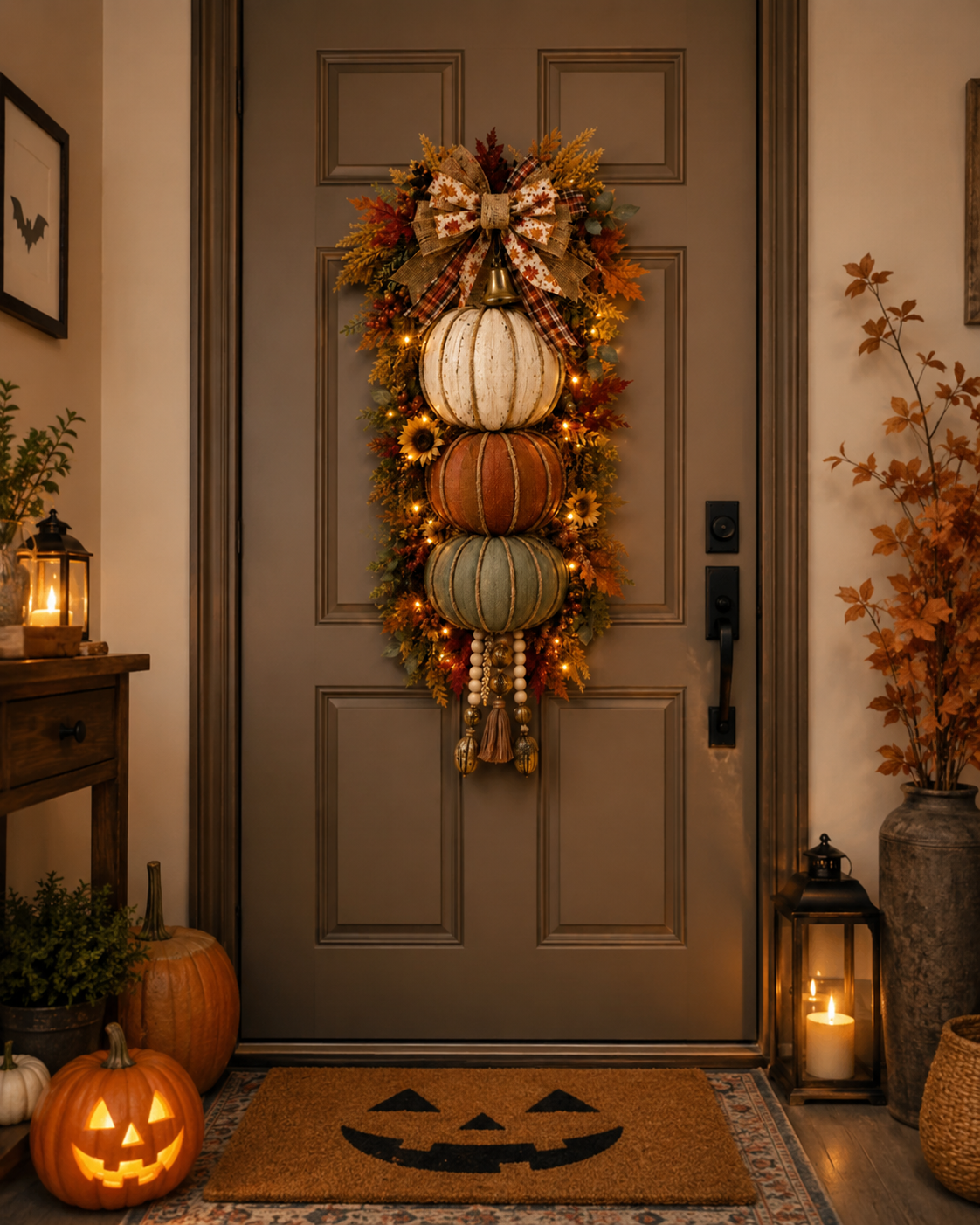 Lighted StackedPumpkin Fall Door Decorwith 3 Seasonal Plaques
