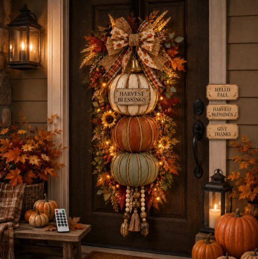 Lighted StackedPumpkin Fall Door Decorwith 3 Seasonal Plaques