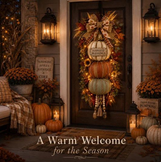Lighted StackedPumpkin Fall Door Decorwith 3 Seasonal Plaques