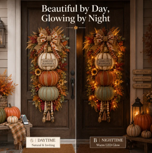 Lighted StackedPumpkin Fall Door Decorwith 3 Seasonal Plaques