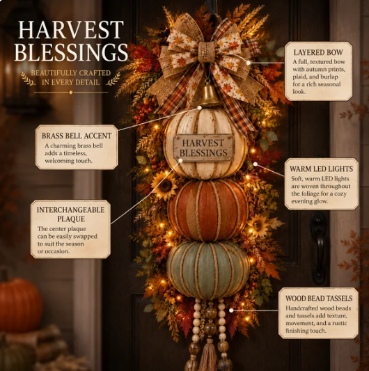 Lighted StackedPumpkin Fall Door Decorwith 3 Seasonal Plaques
